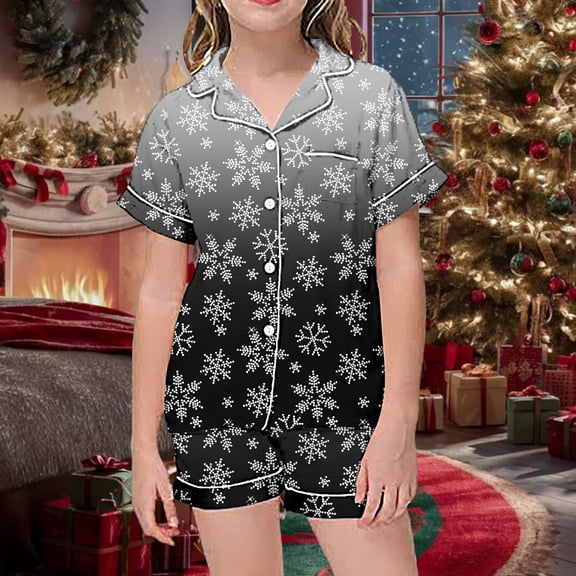 Girls Christmas Pajamas Kids Summer Homewear Printed Short Sleeve Button Down Shirt Shorts Pajama Suits Kids Christmas Pjs Black