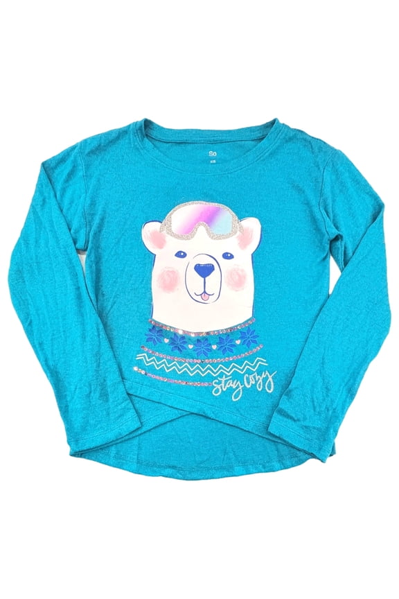 Girls Polar Bear Stay Cozy Winter High Low Turquoise Graphic Tee Shirt L 10/12