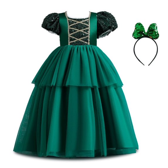 Girls Christmas Princess Dress, Sequin Puff Sleeve Tulle Ball Gown with Bow Headband