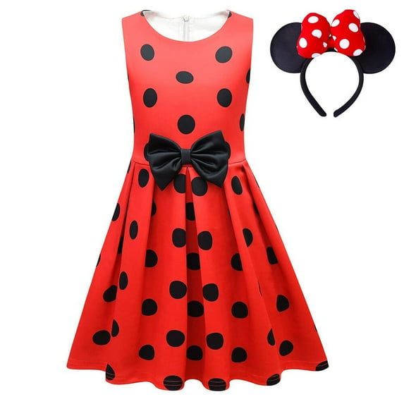 Girls Christmas Red Polka Dots Princess Bowknot Dress With Mouse Ears Headband