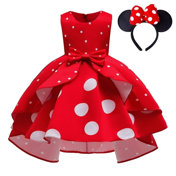 Girls Christmas Red Polka Dots Princess Bowknot Dress With Mouse Ears Headband