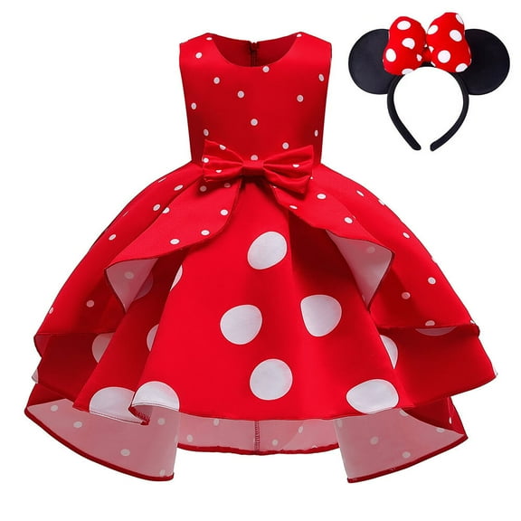 Girls Christmas Red Polka Dots Princess Bowknot Dress With Mouse Ears Headband