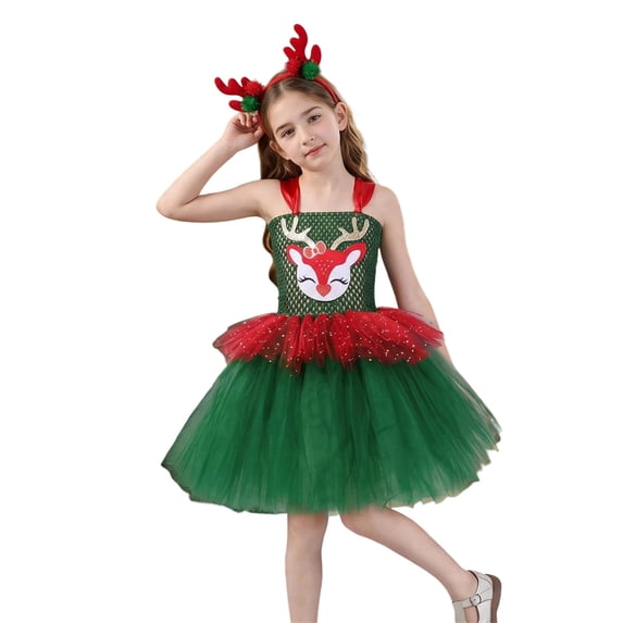 Girls Christmas Reindeer Tutu Dress with Antler Headband Snug Fit Green Red Layered Tulle Skirt Holiday Party Outfit