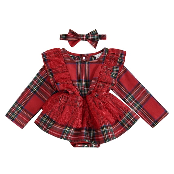 Girls Christmas Rompers Dress Fall Set 3M 6M 12M 18M 24M Red Plaid Lace Ruffles Crew Neck Long Sleeve Toddler Bodysuits with Headband