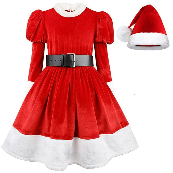 Girls Christmas Santa Claus Costume Kids Xmas Cosplay Party Dress With Hat
