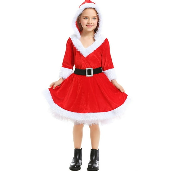 Girls Christmas Santa Claus Dress Red Velvet Hooded Costume Party Outfit
