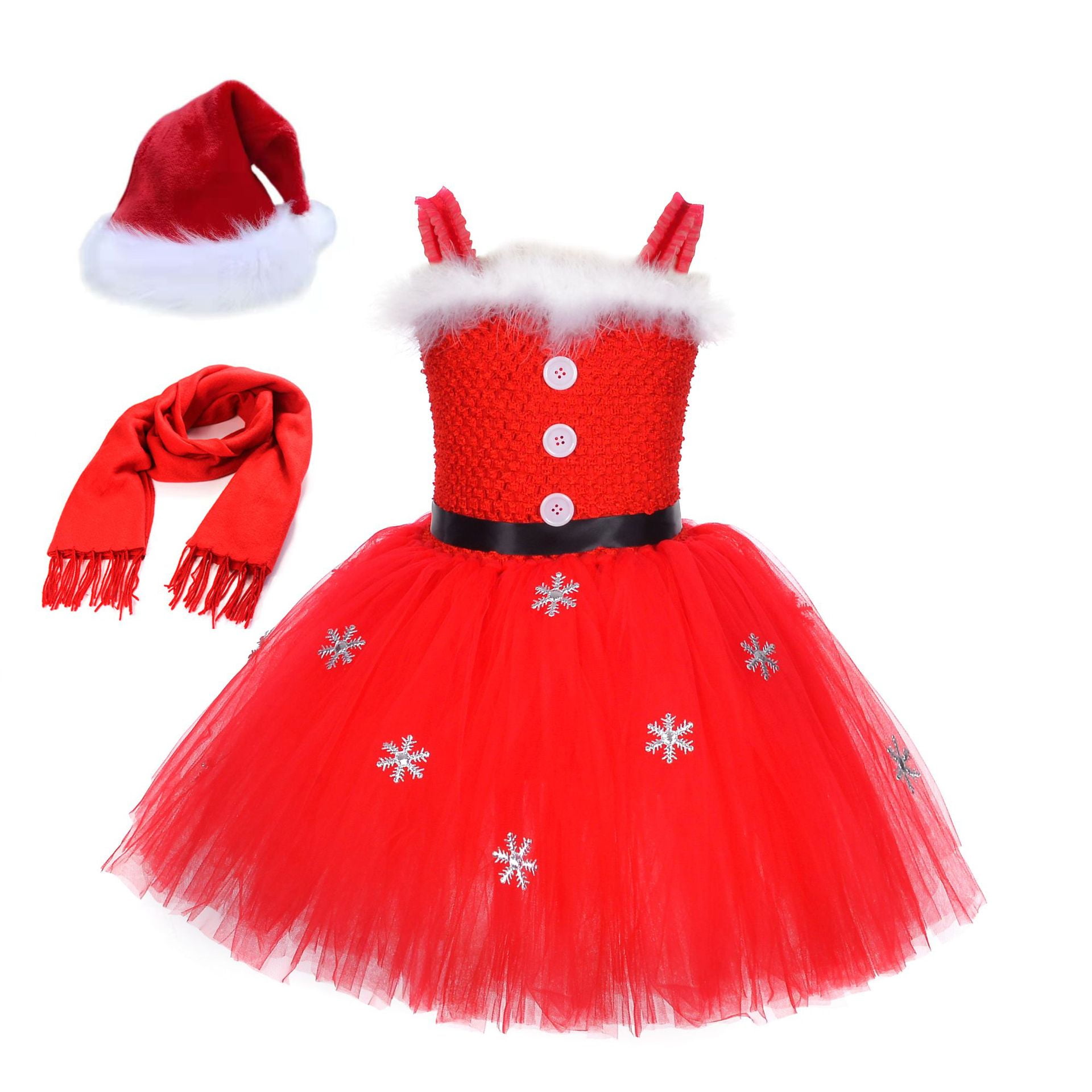 Girls Christmas Santa Costume Halloween Tutu Dress with Hat scarf