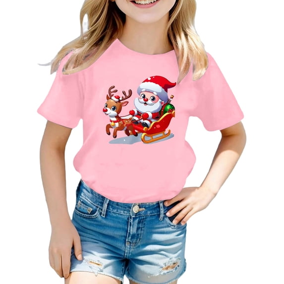 Girls Christmas Short Sleeve T‑Shirt, Cute Snowman Santa Reindeer Graphic Crew Neck Cotton Tee, Casual Holiday Basic Layering Top for Kids Daily Party Xmas Wear(Pink1,10-12 Years)