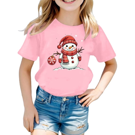 Girls Christmas Short Sleeve T‑Shirt, Cute Snowman Santa Reindeer Graphic Crew Neck Cotton Tee, Casual Holiday Basic Layering Top for Kids Daily Party Xmas Wear(Pink2,8-10 Years)