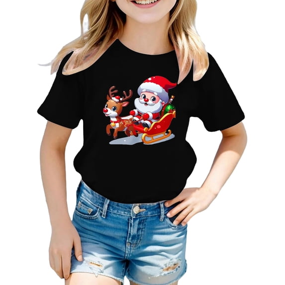 Girls Christmas Short Sleeve T‑Shirt, Cute Snowman Santa Reindeer Graphic Crew Neck Cotton Tee, Casual Holiday Basic Layering Top for Kids Daily Party Xmas Wear(Black1,8-10 Years)