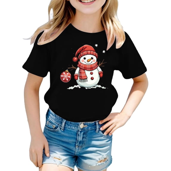 Girls Christmas Short Sleeve T‑Shirt, Cute Snowman Santa Reindeer Graphic Crew Neck Cotton Tee, Casual Holiday Basic Layering Top for Kids Daily Party Xmas Wear(Black2,4-6 Years)