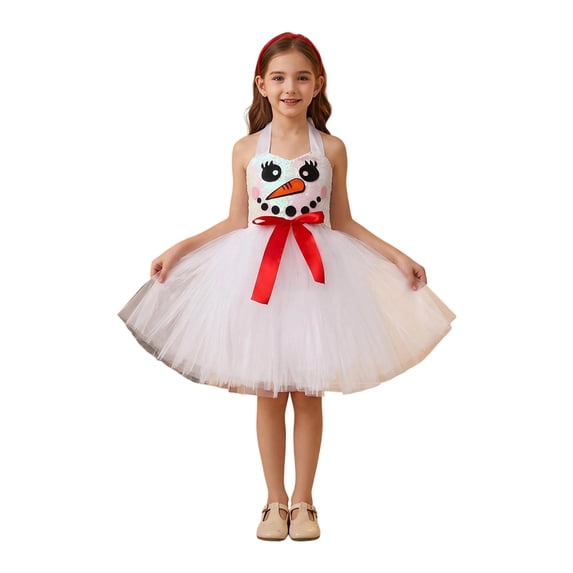 Girls Christmas Snowman Tutu Dress with Headband Snug Fit White Tulle Layered Skirt Holiday Party Princess Outfit