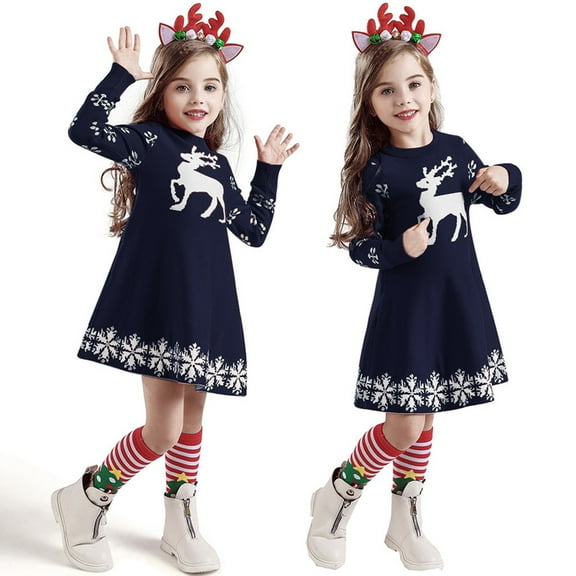Girls Christmas Sweater Dress Knitted Long Sleeve Sundress Xmas Gift