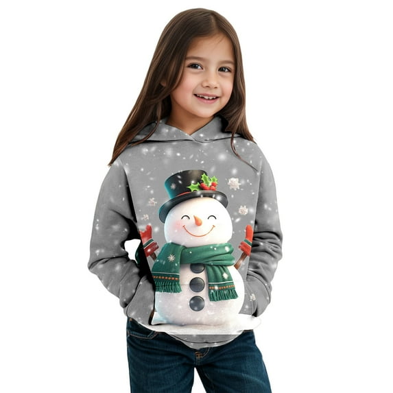 Girls Christmas Sweatshirt Snowman Print Boys Hoodies Graphic Pullover Tops Long Sleeve Casual Soft Boys Kids Clothes Grey 10-12 Years