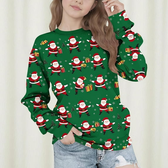 Girls Christmas Sweatshirts Long Sleeve Crewneck Pullover Festive Graphic Print Cozy Xmas Loungewear Tops for Kids 5-15 Years
