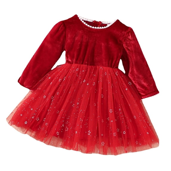 Girls Christmas Velvet Dresses with Star Print Long Sleeve Crew Neck Cute A-Line Tulle Dress for Holiday