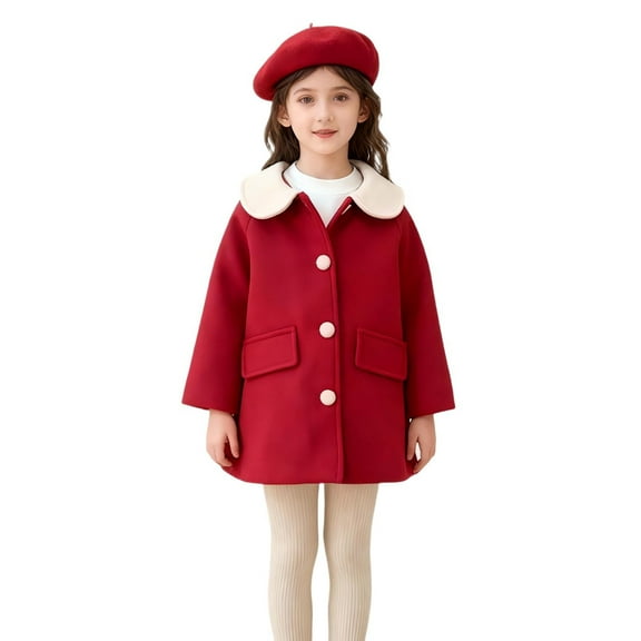 Girls' Christmas Wool-Blend Coat Peter Pan Collar Quilted Warm Pea Coat Button-up Outerwear Festive Jacket 1-10Y (Not Included Hat)