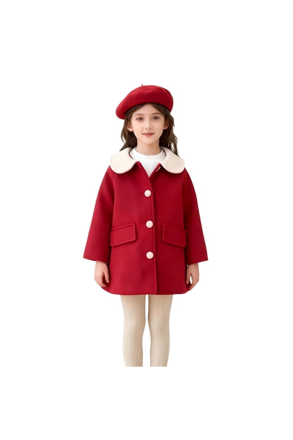 Girls' Christmas Wool-Blend Coat Peter Pan Collar Quilted Warm Pea Coat Button-up Outerwear Festive Jacket 1-10Y (Not Included Hat)