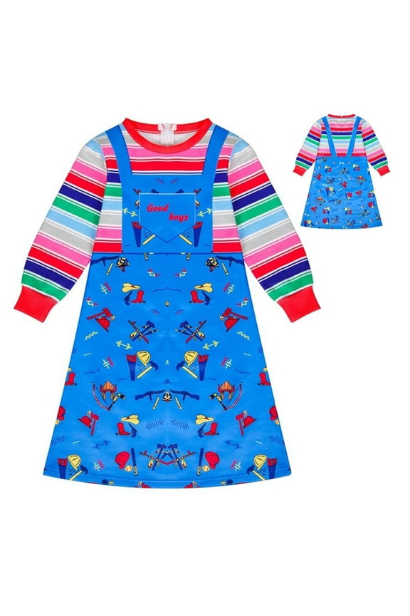 Girls Chucky Cosplay Midi Dress Halloween Good Doll Dress Up Skirt