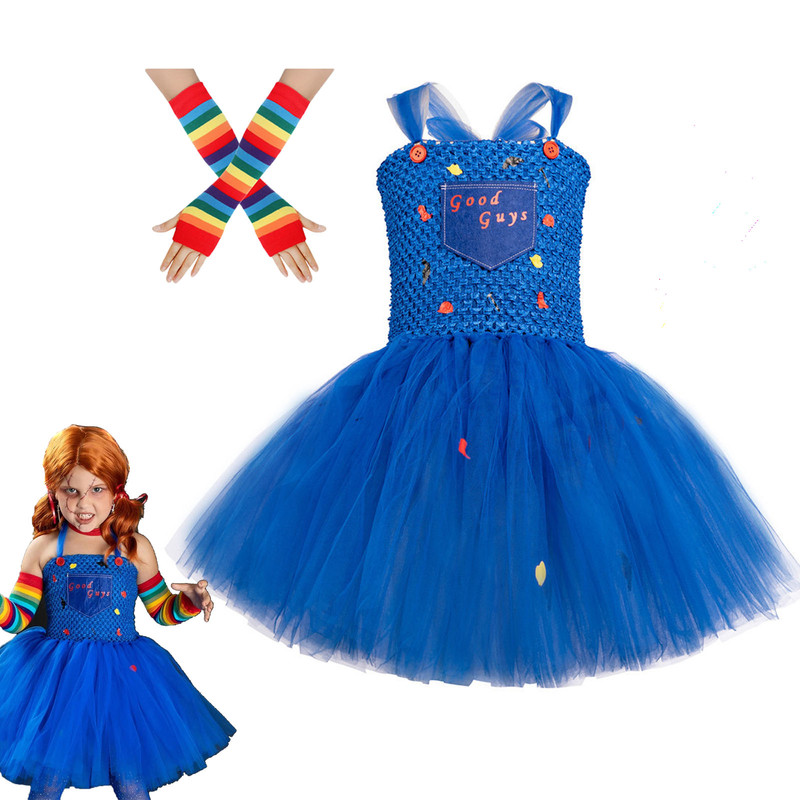 Girls Chucky Costume Blue Dress, Kids Toddler Mesh Skirt Play Party