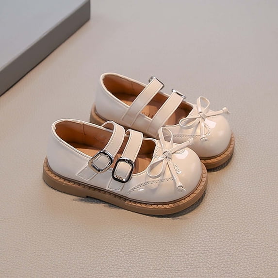 Girls Chunky Mary Jane Shoes with Bow for Dresses, Patent Leather Adjustable Buckle Uniform Shoes for School Beige 11.5