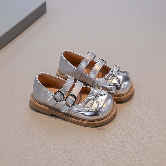 Girls Chunky Mary Jane Shoes with Bow for Dresses, Patent Leather Adjustable Buckle Uniform Shoes for School Silver 10.5