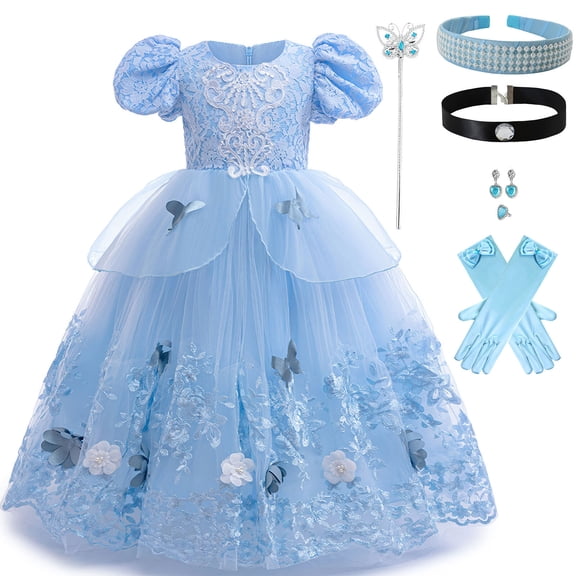 Girls Cinderella Costume with Accessories Fancy Gown Cosplay Dress Halloween Party Size 7-8