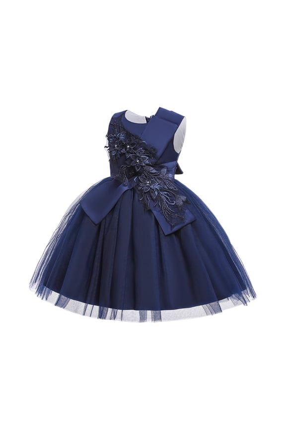 Girls Cinderella Inspired Princess Dress: Blue Satin Tiered Tulle Gown, Halloween Costume Party Dress Dark Blue 150