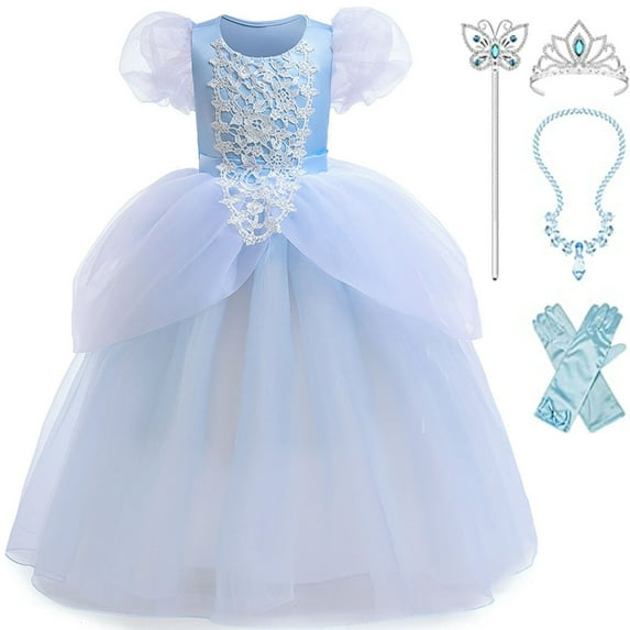 Girls Cinderella Princess Costumes Puff Sleeve Fancy Birthday Party Dress