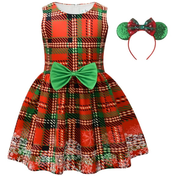 Girls Classic Christmas Dress Sleeveless Bow Princess Party Gown with Headwear