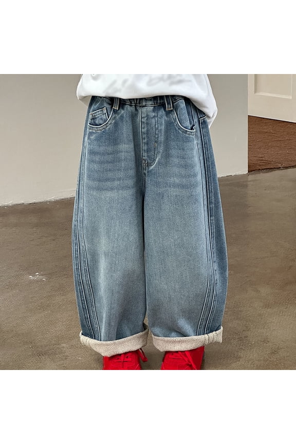 Girls Classic Denim Trousers Warm Cozy Everyday Durable Fit Kids Comfortable Casual Pants