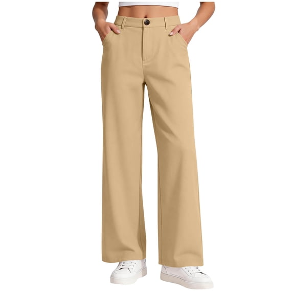 Girls Classic High Rise Wide Leg Chino Pants, Button Closure Solid Straight Fit Trousers with Pockets Khaki 5-6Years