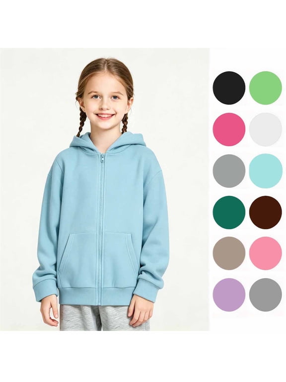 Girls Classic Long Sleeve Zip Up Hoodie, Kids Lightweight Hooded Jacket, Size 4-18