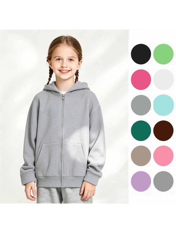 Girls Classic Long Sleeve Zip Up Hoodie, Kids Lightweight Hooded Jacket, Size 4-18
