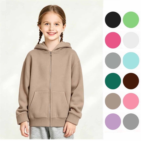 Girls Classic Long Sleeve Zip Up Hoodie, Kids Lightweight Hooded Jacket, Size 4-18