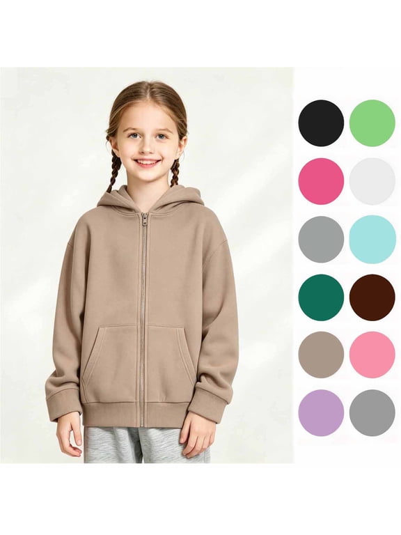 Girls Classic Long Sleeve Zip Up Hoodie, Kids Lightweight Hooded Jacket, Size 4-18