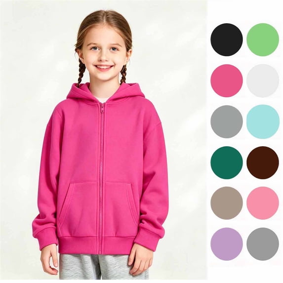 Girls Classic Long Sleeve Zip Up Hoodie, Kids Lightweight Hooded Jacket, Size 4-18