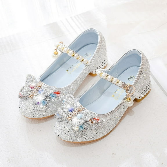 Girls' Classic Strap Flats - Shimmer Finish & Floral Accent for Wedding and Celebration Events
