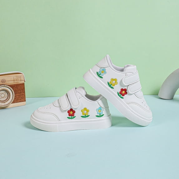 Girls Classic White Sneakers, Double Hook and Loop Casual Shoes, Breathable Thick Sole Walking Shoes for School Park