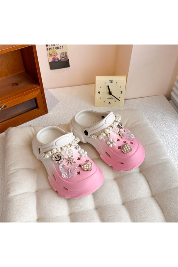 Girls' Clog Sandals Summer New Style Children's Rhinestone Smiley Face Soft Sole Sandals Parent-Child Style Fashionable Girls' Slippers Comfortable and Versatile