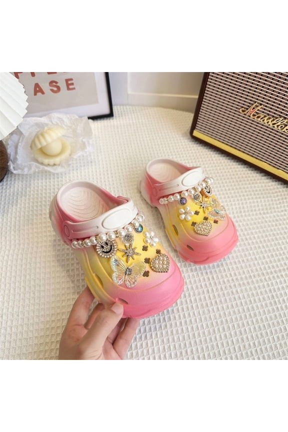 Girls' Clog Sandals Summer New Style Children's Rhinestone Smiley Face Soft Sole Sandals Parent-Child Style Fashionable Girls' Slippers Comfortable and Versatile
