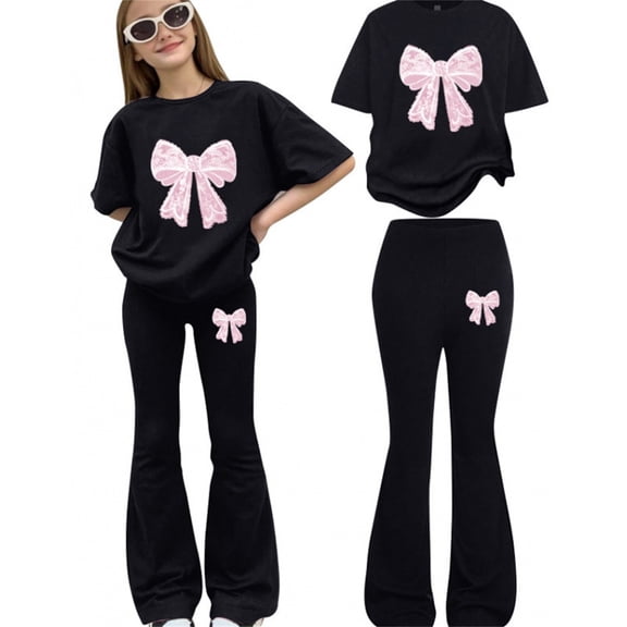 Girls Clothes 2 Piece Cute Bow Print T-Shirt Tops & Flare Pants Spring Summer Outfits Teen Tween Girls Fashion Clothing Sets (Black, 11-12 Years)