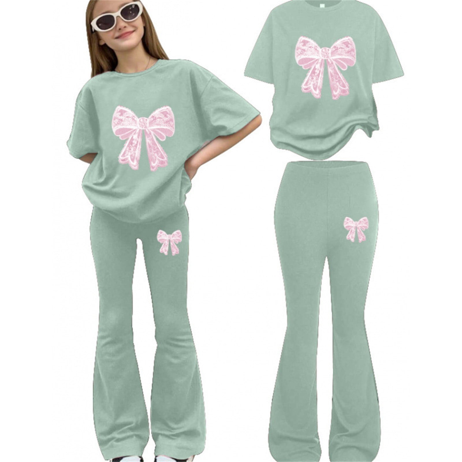 Girls Clothes 2 Piece Cute Bow Print T-Shirt Tops & Flare Pants Spring Summer Outfits Teen Tween Girls Fashion Clothing Sets ﻿ (Green, 11-12 Years)