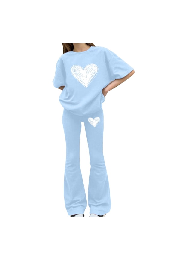 Girls Clothes 2 Piece Cute Bow Print T-Shirt Tops & Flare Pants Spring Summer Outfits Teen Tween Girls Fashion Clothing Sets (Sky Blue-A, 9-10 Years)
