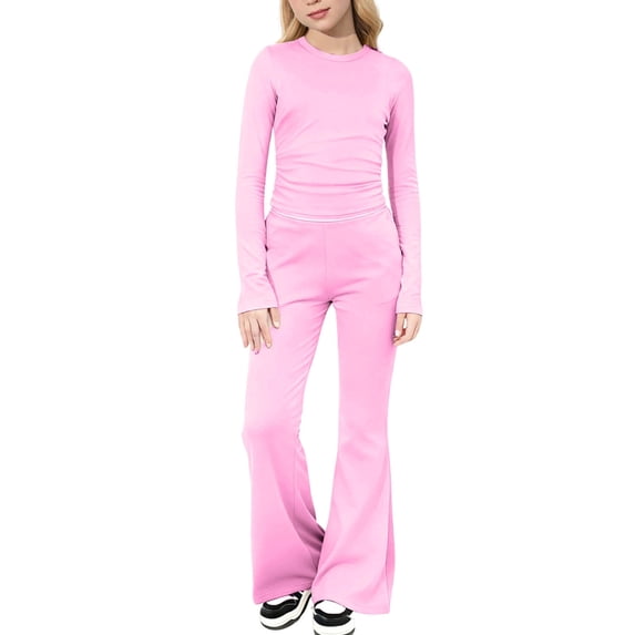 Girls Clothes 2 Piece Fall Outfits Lounge Sets Crew Neck Long Sleeve Shirts Flare Sweatpants Solid Color Tracksuit 8-12 Years