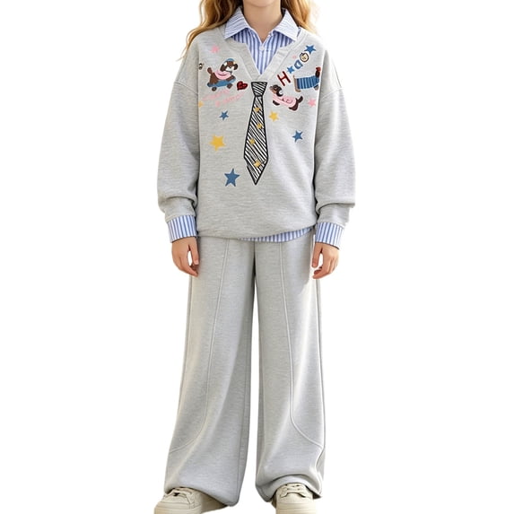 Girls Clothes 2 Piece Outfit Long Sleeve V-Neck Printed Pullover Sweatshirt Sweatpants Set Kids Teen Tracksuit Preppy Clothes