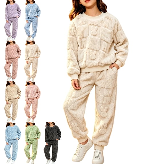 Girls Clothes 2 Piece Outfits Fuzzy Fleece Thick Warm Flannel Fluffy Cozy Pullover Sweatshirt and Sweatpant Sleep Pajama Set 5-14 Years