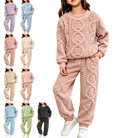 Girls Clothes 2 Piece Outfits Fuzzy Winter Warm Fleece Loose Flannel Cute Pullover Sweatshirt Top Pants Pajamas Sweatsuit 5-14 Years