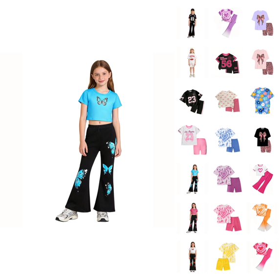 Girls Clothes 2 Piece Short Sleeve Bow Print Tops Flared Leg Pants Set Little Girl Outfits Size 5-14