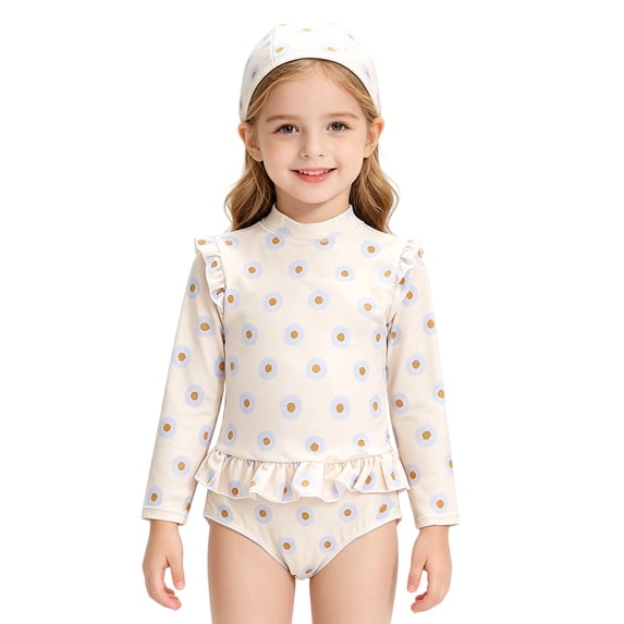 Girls Clothes 3-12T Cute Summer Long Sleeve One-Piece Swimsuit + Hat Bathing Suit